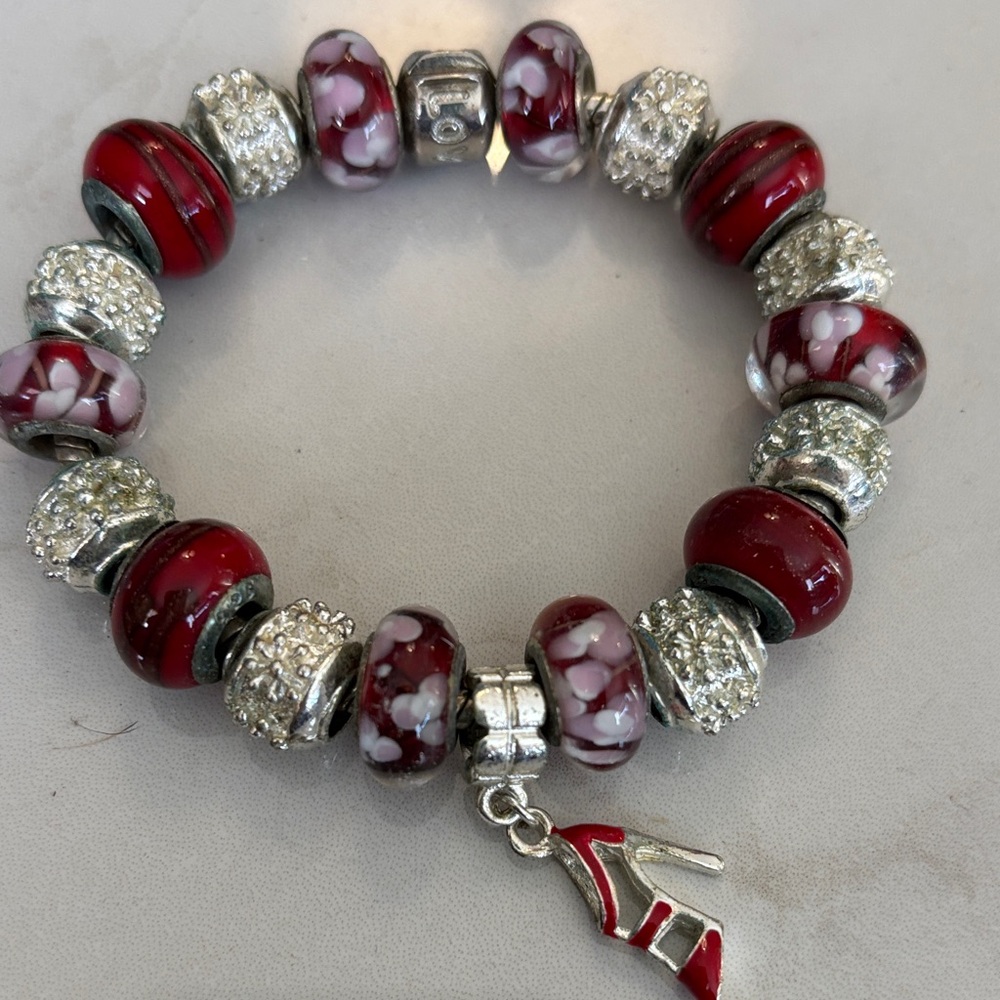 Pandora Like Red and Silver Beaded Bracelet